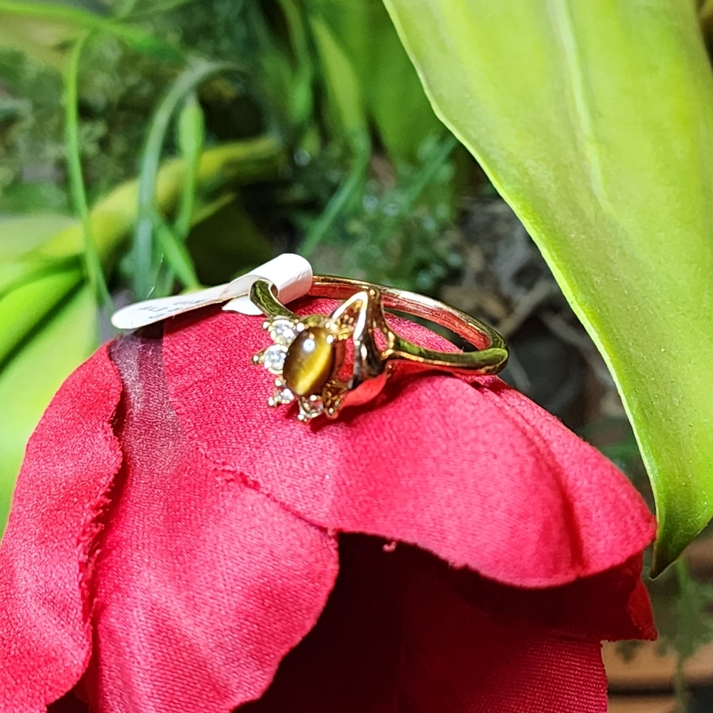 Vintage 14K Gold Electroplated Tiger Eye Cocktail Ring Size 10